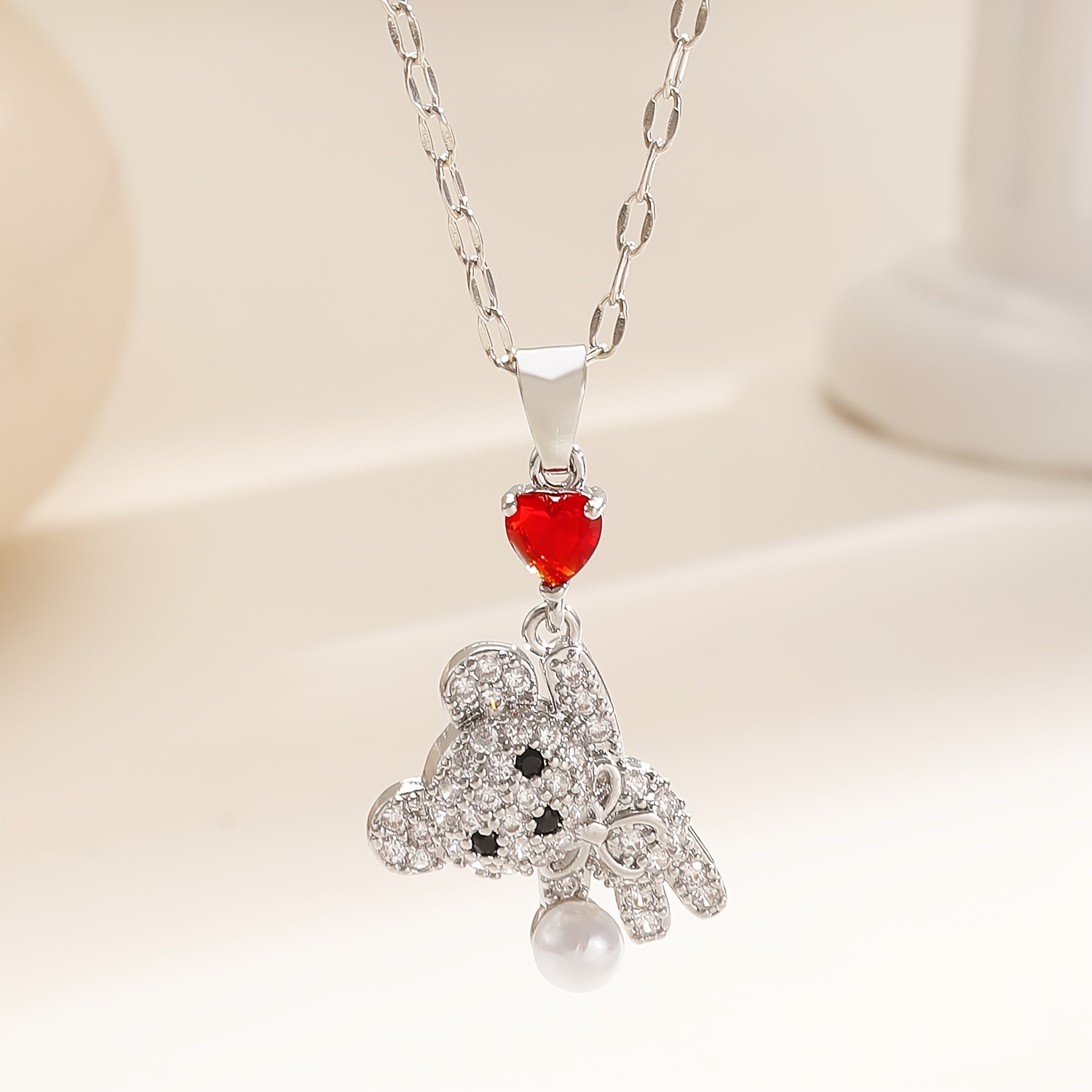 Women's Cute Heart Rhinestone Bear Pendant Necklace